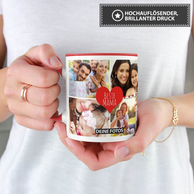 Tasse mit Fotocollage - Beste Mama - Innen &amp; Henkel Rot