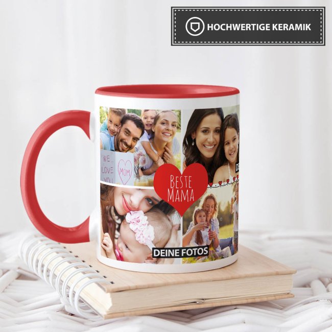 Tasse mit Fotocollage - Beste Mama - Innen &amp; Henkel Rot