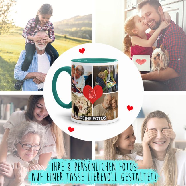 Tasse mit Fotocollage - Beste Oma - Innen &amp; Henkel T&uuml;rkis