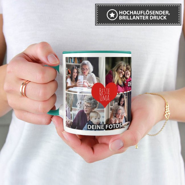Tasse mit Fotocollage - Beste Oma - Innen &amp; Henkel T&uuml;rkis