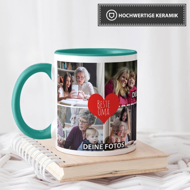Tasse mit Fotocollage - Beste Oma - Innen &amp; Henkel T&uuml;rkis