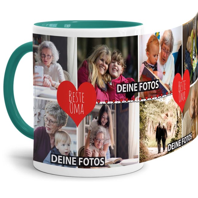 Tasse mit Fotocollage - Beste Oma - Innen &amp; Henkel T&uuml;rkis