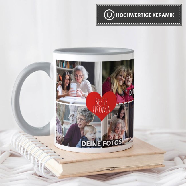 Tasse mit Fotocollage - Beste Uroma - Innen &amp; Henkel Grau