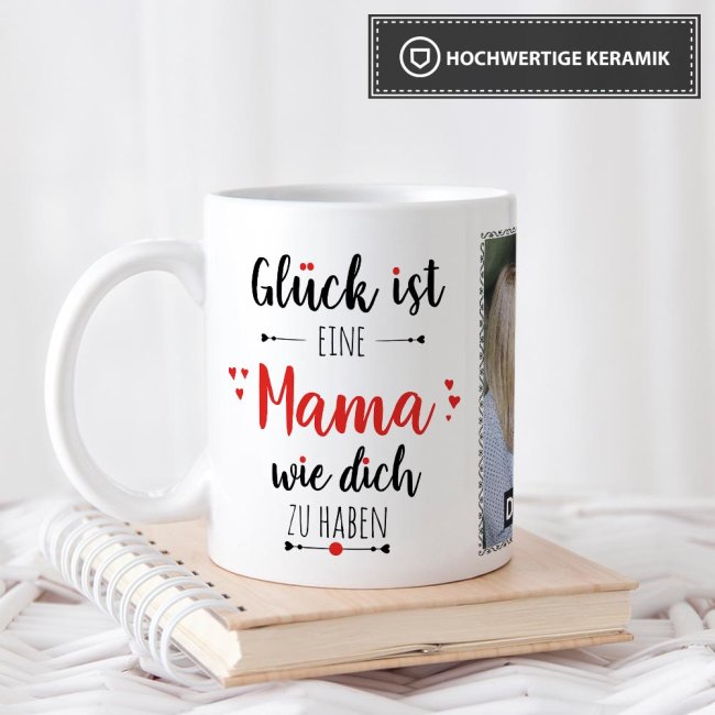 Tasse - Gl&uuml;ck ist, eine Mama wie Dich zu haben - mit zwei Fotos - Wei&szlig;