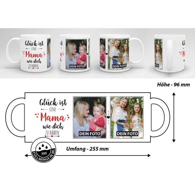 Tasse - Gl&uuml;ck ist, eine Mama wie Dich zu haben - mit zwei Fotos - Wei&szlig;