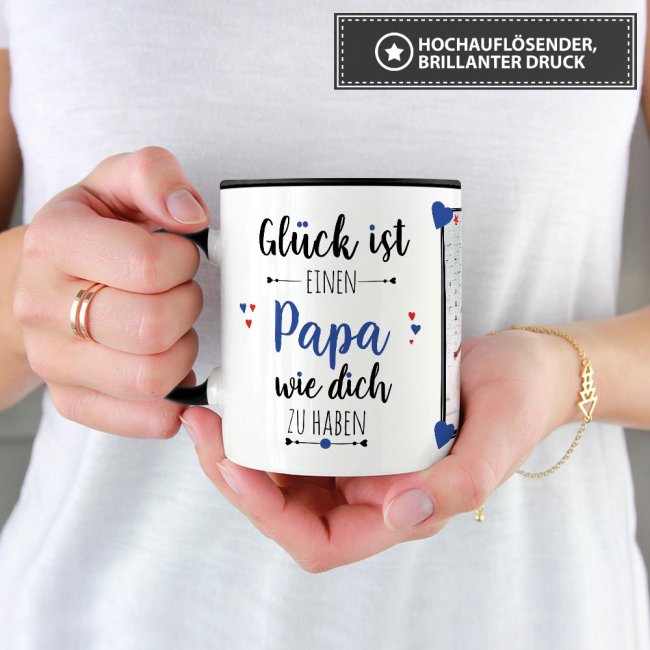 Tasse - Gl&uuml;ck ist, einen Papa wie Dich zu haben - mit zwei Fotos - Innen &amp; Henkel Schwarz