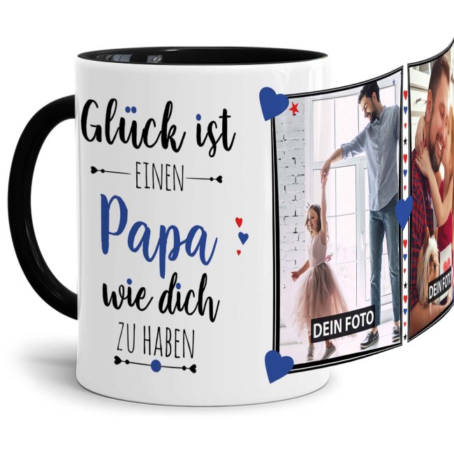 Tasse - Gl&uuml;ck ist, einen Papa wie Dich zu haben - mit zwei Fotos - Innen &amp; Henkel Schwarz