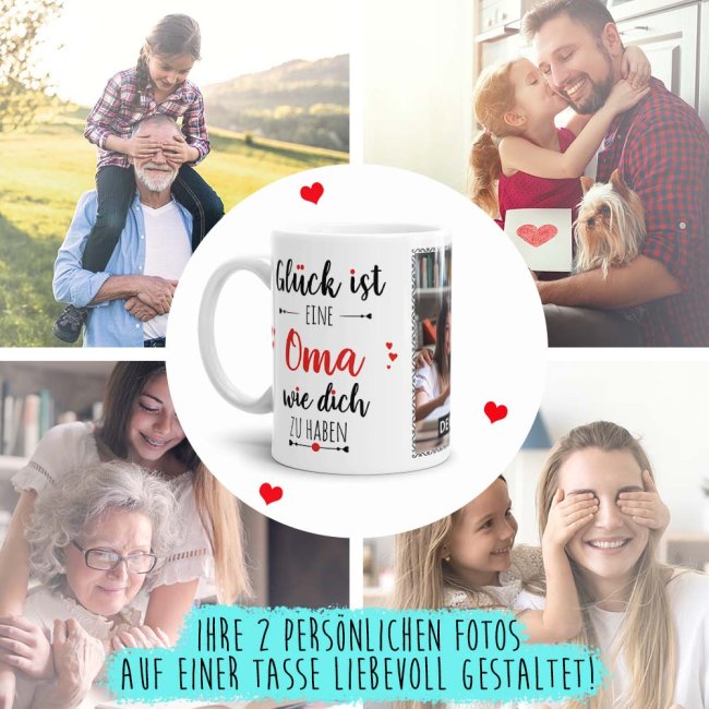 Tasse - Gl&uuml;ck ist, eine Oma wie Dich zu haben - mit zwei Fotos - Wei&szlig;