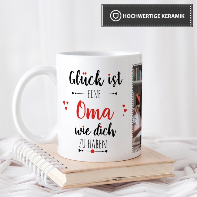 Tasse - Gl&uuml;ck ist, eine Oma wie Dich zu haben - mit zwei Fotos - Wei&szlig;