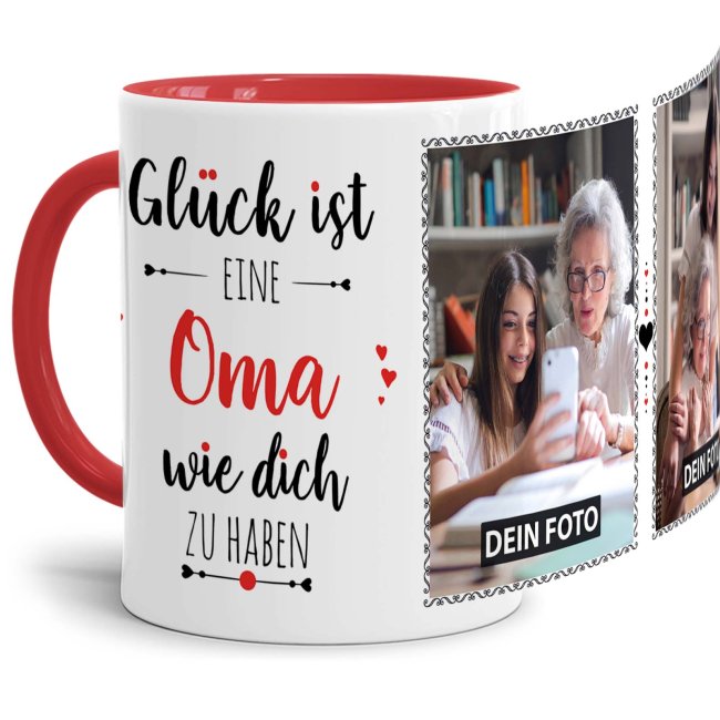 Tasse - Gl&uuml;ck ist, eine Oma wie Dich zu haben - mit zwei Fotos - Innen &amp; Henkel Rot