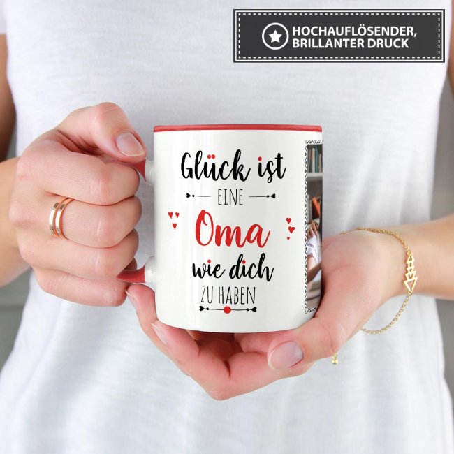 Tasse - Gl&uuml;ck ist, eine Oma wie Dich zu haben - mit zwei Fotos - Innen &amp; Henkel Rot