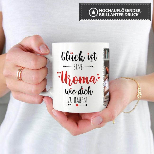 Tasse - Gl&uuml;ck ist, eine Uroma wie Dich zu haben - mit zwei Fotos - Wei&szlig;