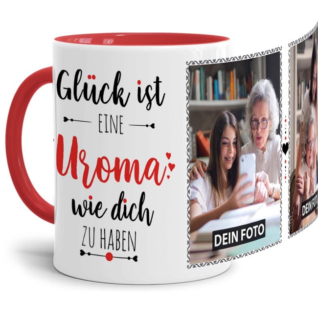 Tasse - Gl&uuml;ck ist, eine Uroma wie Dich zu haben - mit zwei Fotos - Innen &amp; Henkel Rot