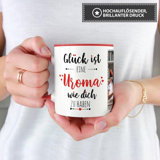 Tasse - Gl&uuml;ck ist, eine Uroma wie Dich zu haben - mit zwei Fotos - Innen &amp; Henkel Rot