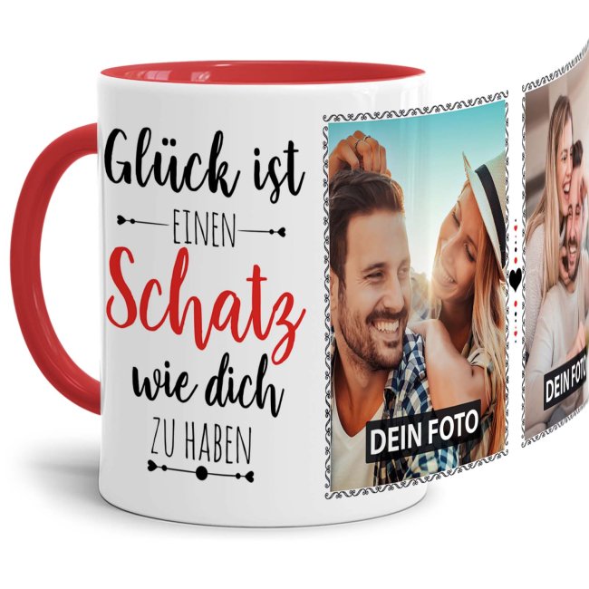 Tasse - Gl&uuml;ck ist, einen Schatz wie Dich zu haben - mit zwei Fotos - Innen &amp; Henkel Rot