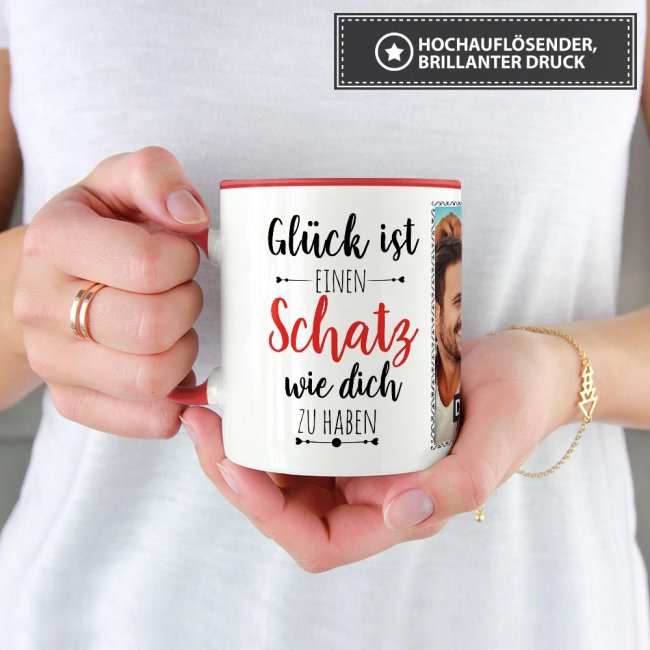 Tasse - Gl&uuml;ck ist, einen Schatz wie Dich zu haben - mit zwei Fotos - Innen &amp; Henkel Rot