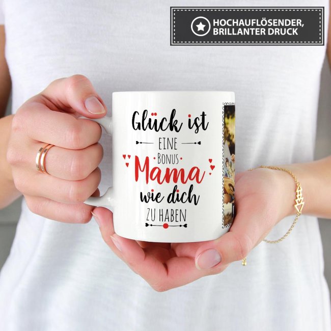 Tasse - Gl&uuml;ck ist, eine Bonusmama wie Dich zu haben - mit zwei Fotos - Wei&szlig;