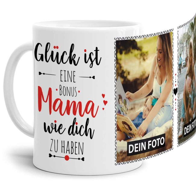 Tasse - Gl&uuml;ck ist, eine Bonusmama wie Dich zu haben - mit zwei Fotos - Wei&szlig;