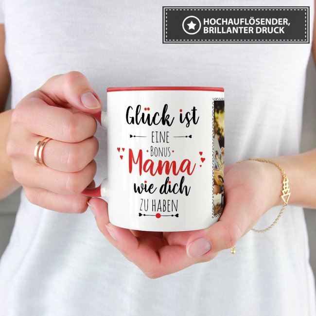 Tasse - Gl&uuml;ck ist, eine Bonusmama wie Dich zu haben - mit zwei Fotos - Innen &amp; Henkel Rot