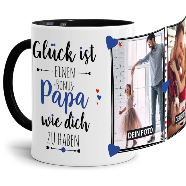 Tasse - Gl&uuml;ck ist, einen Bonuspapa wie Dich zu haben - mit zwei Fotos - Innen &amp; Henkel Schwarz