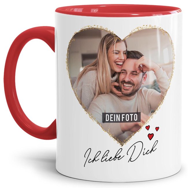 Tasse mit Fotocollage Herz - f&uuml;r 2 Fotos - Innen &amp; Henkel Rot