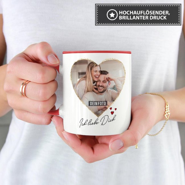 Tasse mit Fotocollage Herz - f&uuml;r 2 Fotos - Innen &amp; Henkel Rot