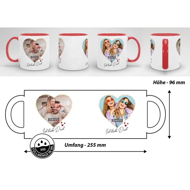 Tasse mit Fotocollage Herz - f&uuml;r 2 Fotos - Innen &amp; Henkel Rot
