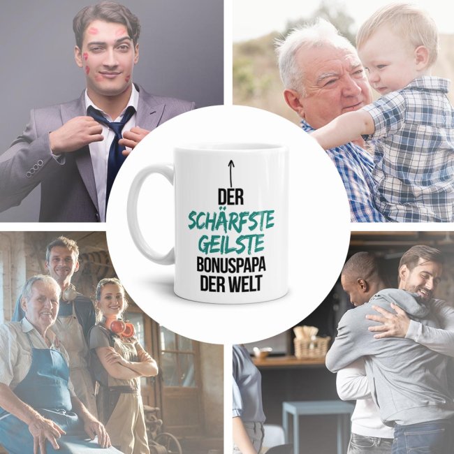 Tasse mit Spruch - Du bist der sch&auml;rfste, geilste Bonuspapa der Welt - Wei&szlig;