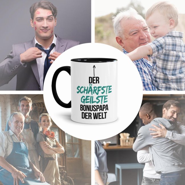 Tasse mit Spruch - Du bist der sch&auml;rfste, geilste Bonuspapa der Welt - Innen &amp; Henkel Schwarz