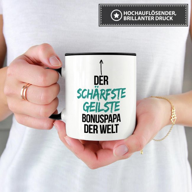 Tasse mit Spruch - Du bist der sch&auml;rfste, geilste Bonuspapa der Welt - Innen &amp; Henkel Schwarz