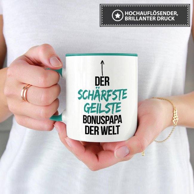 Tasse mit Spruch - Du bist der sch&auml;rfste, geilste Bonuspapa der Welt - Innen &amp; Henkel T&uuml;rkis