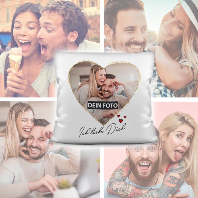 Kissen mit Foto selbst gestalten // Kissen mit Fotocollage in Herzform // Hier S&uuml;&szlig;es Partnergeschenk zum Geburtstag,  Valentinstag oder Jahrestag finden und verschenken!