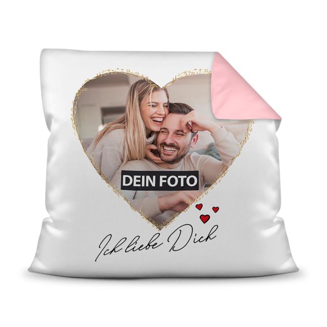 Kissen mit Foto im Herz - Ich liebe Dich - inkl. F&uuml;llung - R&uuml;ckseite Rosa