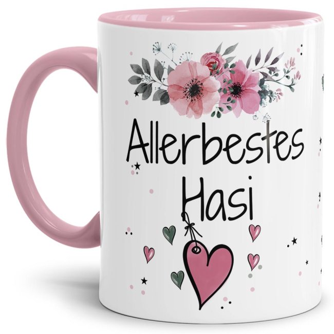 Tasse mit Spruch - Allerbestes Hasi weiblich - Innen &amp; Henkel Rosa