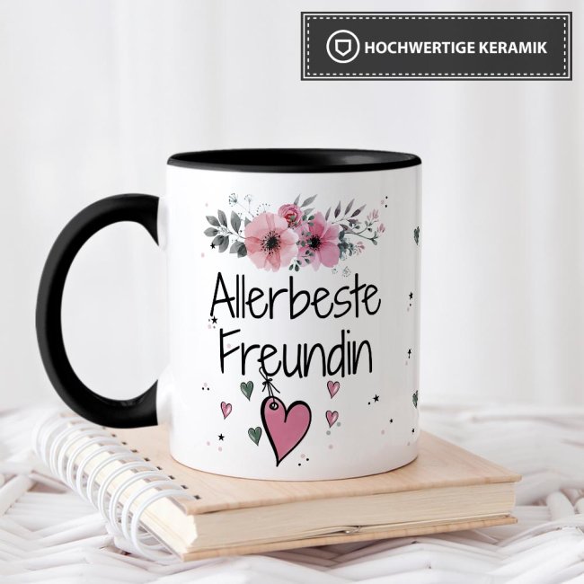 Tasse mit Spruch - Allerbeste Freundin - Innen &amp; Henkel Schwarz