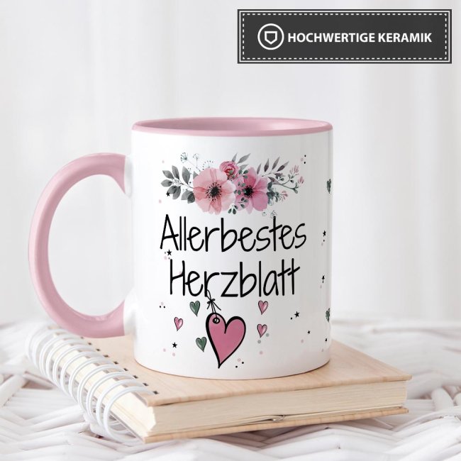 Tasse mit Spruch - Allerbestes Herzblatt weiblich - Innen &amp; Henkel Rosa