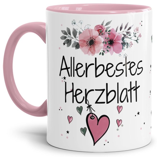 Tasse mit Spruch - Allerbestes Herzblatt weiblich - Innen &amp; Henkel Rosa