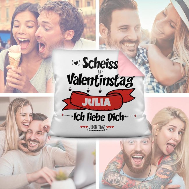 Kissen mit Spruch und Wunschname selbst beschriften - Schei&szlig; auf Valentinstag Farbkissen R&uuml;ckseite Rosa