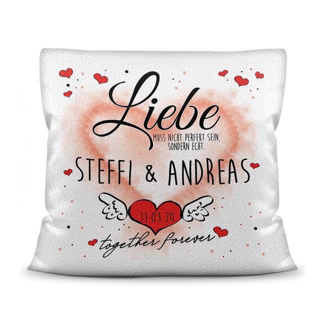 Kissen - Liebe muss nicht perfekt sein - mit Namen und Datum selbst beschriften - Polyester - Wei&szlig; flauschig