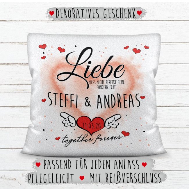 Kissen - Liebe muss nicht perfekt sein - mit Namen und Datum selbst beschriften - Polyester - Wei&szlig; flauschig